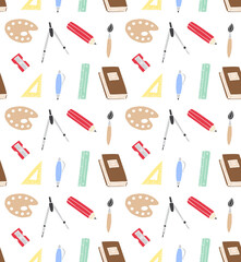 Vector seamless pattern of different color hand drawn doodle sketch school office chancellery on white background