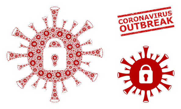 Recursive mosaic coronavirus lockdown and Coronavirus Outbreak grunge stamp imitation. Vector mosaic is made from recursive coronavirus lockdown items.