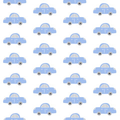 Obraz premium Vector seamless pattern of blue hand drawn doodle sketch car isolated on white background