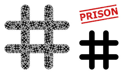 Fractal collage prison and Prison corroded stamp seal. Vector collage is made from randomized prison icons. Seal includes Prison caption between parallel lines.