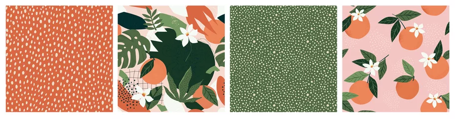 Fototapeten Collage contemporary orange floral and polka dot shapes seamless pattern set. © Angelina Bambina