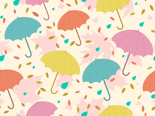 Autumn seamless pattern with umbrellas and leaves. Falling leaves, leaf fall. Colorful umbrellas from the rain. Background for surfaces, printing on paper and fabric. Vector illustration