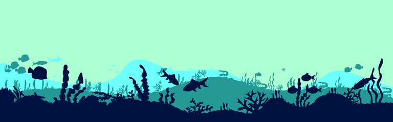 Underwater ocean scene. Silhouette of fish and algae on the background of reefs. a beautiful underwater scene; a vector seascape with reef.