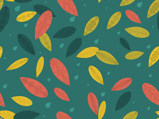 Autumn leaves seamless pattern. Falling leaves, leaf fall and water drops, rain. Background for surfaces, printing on paper and fabric. Vector illustration