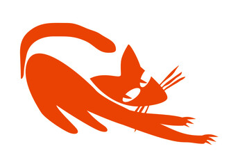 A ginger cat sharpens its claws with an innocent look. Vector drawing for logo and illustrations.