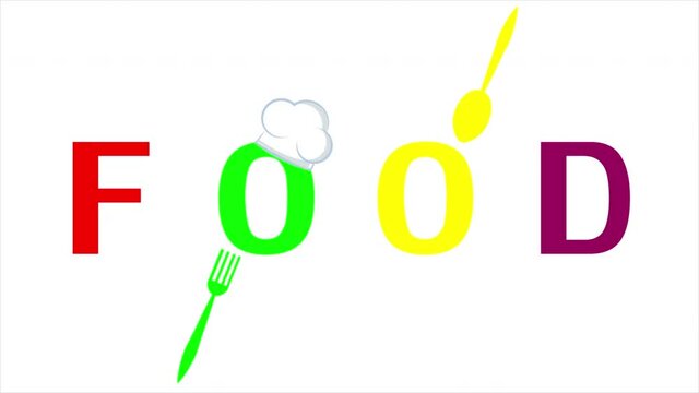 Word food with spoon fork and chefs hat, art video illustration.