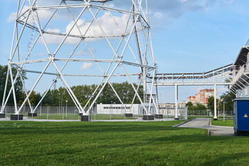 the base of a huge lattice television tower