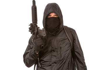 Angry protestor with a rifle and a mask, ready to start a riot.