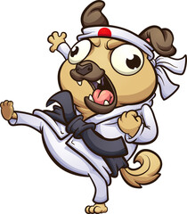 Cartoon fat pug dog throwing a karate kick. Vector clip art illustration. All on a single layer.
