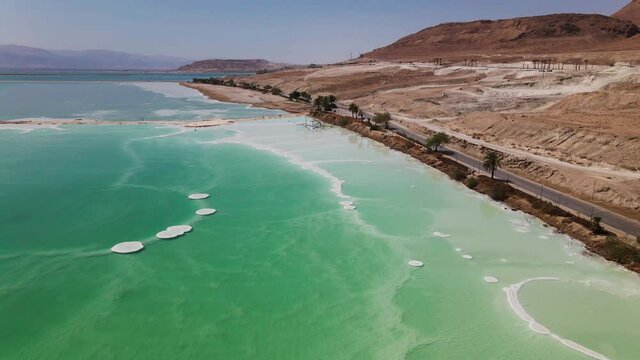 view from the beach. Dead sea salt shore