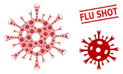 Recursive collage coronavirus and Flu Shot scratched stamp imitation. Vector collage is done of recursive coronavirus elements. Seal includes Flu Shot caption between parallel lines.