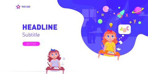 Fototapeta premium Little girl get good mark at school and she happy about it. Also you can see happy parents silhouette at background. Space themed, knowledge signs and modern color palette. Flat art for web design