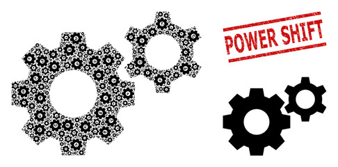 Recursive composition gears and Power Shift scratched stamp imitation. Vector mosaic is formed with recursive gears parts. Stamp seal includes Power Shift caption between parallel lines.