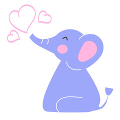 Cute simple vector flat elephant blowing hearts isolated on white background.Children's illustration for logos, prints, postcards.