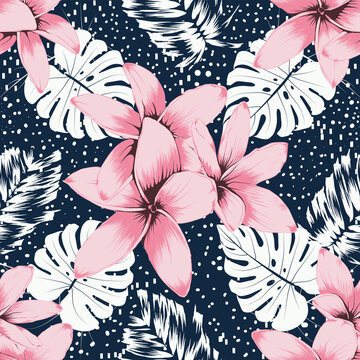 Seamless pattern pink Frangipani flowers and Monstera leaf abstracte background.Hand Drawing line art.Vector illustration