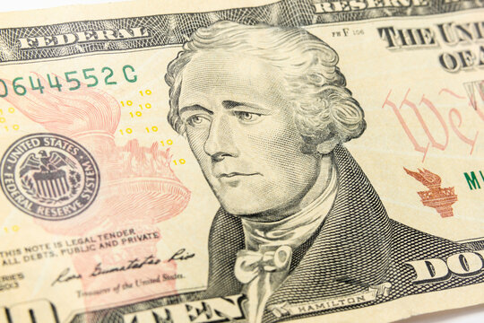 Macro View Of Alexander Hamilton On The US Ten Dollar Bill.