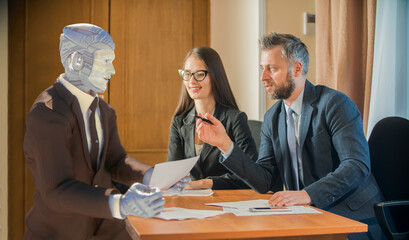 the robot communicates with people at work