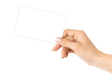 Card isolated. Hand holding blank business paper card isolated on white background. Empty credit template in person arm.