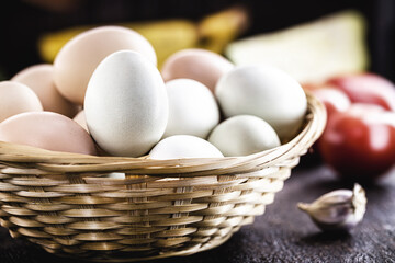 colored Brazilian free-range egg, from chickens fed diets exclusively of vegetable origin, organic food without chemical additives