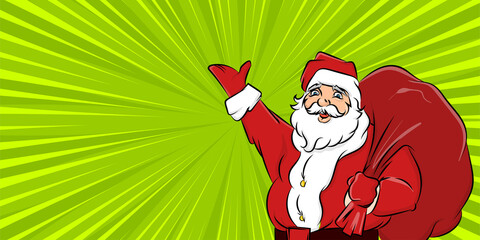 Santa Claus hold big sack radial background