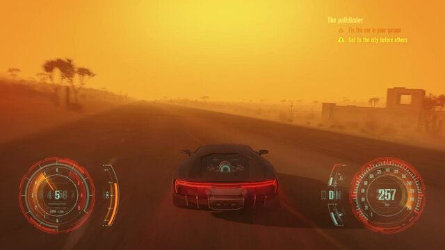 3D Fake Video game with hud. Driving a car across the desert during a sandstorm