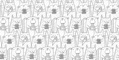 Seamless baby pattern with cats, fox, rabbit and bear birthday paty for animals Hand drawn doodle Vector illustration