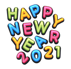 Vector Happy New Year 2021 cute greeting card for Children. Funny Alphabet Letters, Numbers, Symbols. Multicolored Font contains Graphic Style