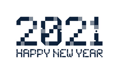 Happy New Year 2021 Vector Pixel Art typography. Holidays greeting card illustration. Letters from Strips, squares and dots. Geometric New year Posters like electronic scoreboard.