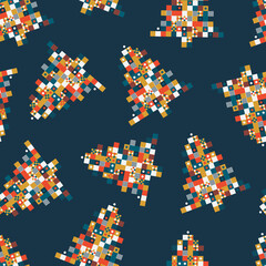 Vector seamless pattern of pixel art Christmas tree on blue background. Background with orange, red, white and blue Christmas tree.