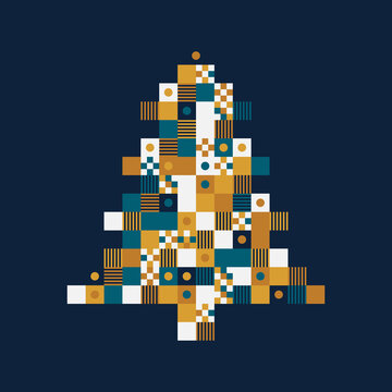 New year or Christmas trendy pixel art card with Christmas tree. Vector illustration.