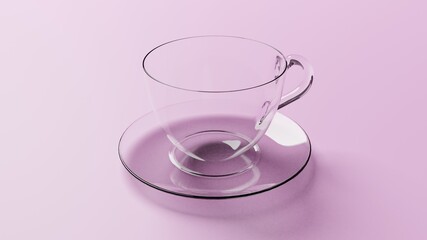 Empty glass coffee cup and saucer on a pink tabletop