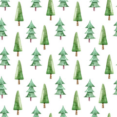 Watercolor Christmas seamless pattern with Christmas trees. Endless pattern will be perfect for scrapbook paper, wrapping paper, packaging, fabric, textile, web design on white background