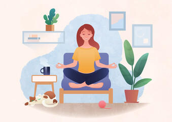Young healthy woman practicing yoga in lotus pose and morning meditation at home cartoon flat. Meditation and state of mind concept vector illustration 