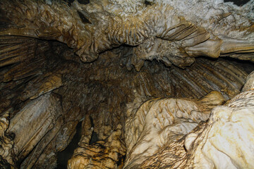 PETAR - Alto Ribeira Tourist State Park. Internal images of caves, with geological formations of water dripping from the ceiling, forming stalactites and stalagmites formed on the floor. 