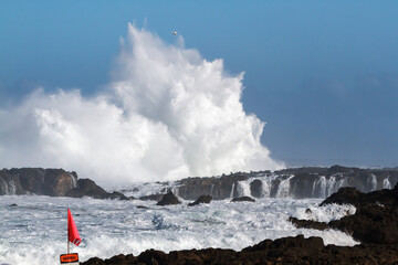Fototapeta na wymiar Big waves crashing on a rocky shore