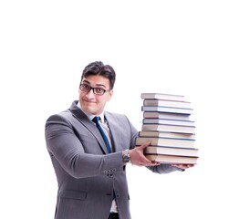 Businessman student carrying holding pile of books isolated on w
