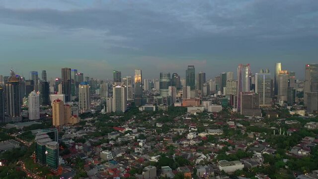 twilight time jakarta city modern downtown district aerial panorama 4k indonesia