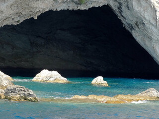 Landscape of blue sea cave in Ionian islands in Ionian sea in the western Greece in summer season....