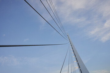 Architectural details of the Sundial Bridge at Turtle Bay in Redding, California, at dusk.