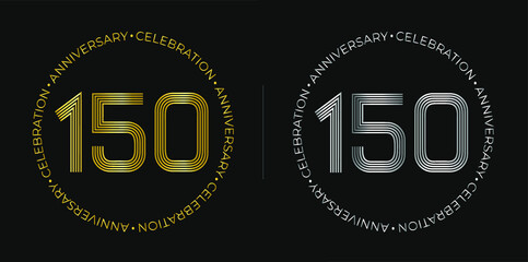 150th birthday. One hundred and fifty years anniversary celebration banner in golden and silver colors. Circular logo with original numbers design in elegant lines.