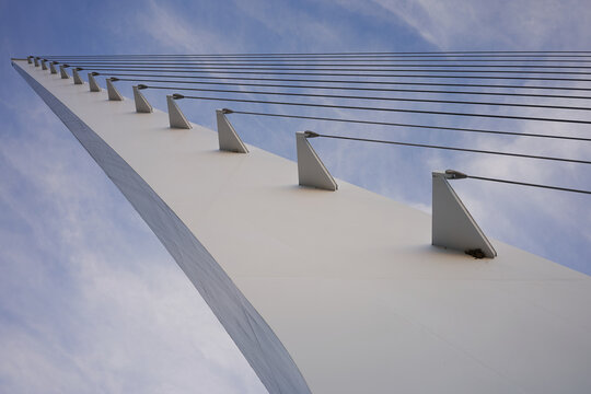 Architectural details of the Sundial Bridge at Turtle Bay in Redding, California, at dusk.