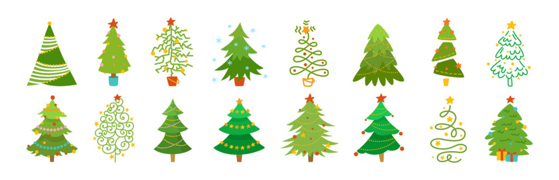Christmas tree cartoon set. Hand drawing green xmas trees collection. New Year traditional design ornaments, stars or garlands. Stylized symbol for holiday flat vector illustration