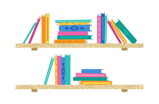 Shelf with cartoon book. Wooden bookshelves in library. Flat stack of books collection. Office shelf, wall interior study, school bookcase and bookshelf. Vector illustration on white background