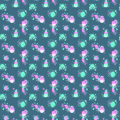 Seamless pattern of little cute smiling cartoon mermaid girls, octopuses, fish, seashells, starfishes and bubbles on a dark background in the Scandinavian style. For kids and toddler designs. Vector.