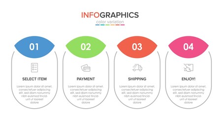 Concept of shopping process with 4 successive steps. Four colorful graphic elements. Timeline design for brochure, presentation, web site. Infographic design layout.