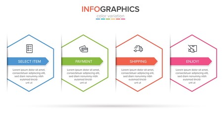 Concept of shopping process with 4 successive steps. Four colorful graphic elements. Timeline design for brochure, presentation, web site. Infographic design layout.