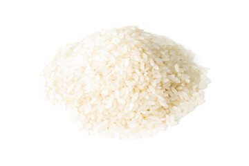 White round grain rice isolated on a white background. Front views, close-up