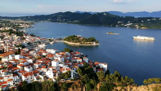 Aerial panoramic view over Chora town in Skiathos island, Sporades, Magnesia, Greece