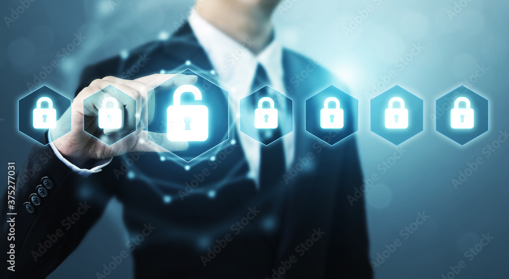 Poster protection network security computer and safe your data concept, businessman holding shield protect 
