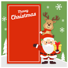 Fototapeta na wymiar Cute Christmas card. Cute Santa claus with yellow gift box and reindeer character on red and green background. Paper cut style vector.